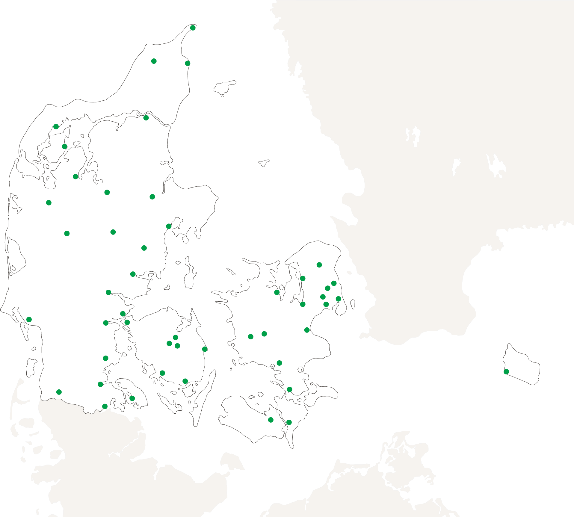 GF_Danmarkskort_GrønnePrikker_2024_m_Sverige-og-Tyskland-Outline_Maj-2024